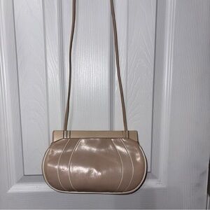 Vintage Barbara Bolen Beige Leather Handbag W/White Trim Crossbody Shoulder Bag